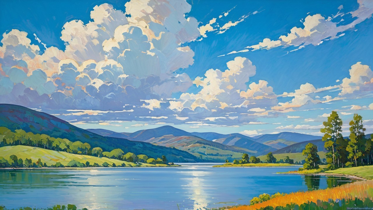 Vibrant Landscape with Lake, Hills, and Mountains