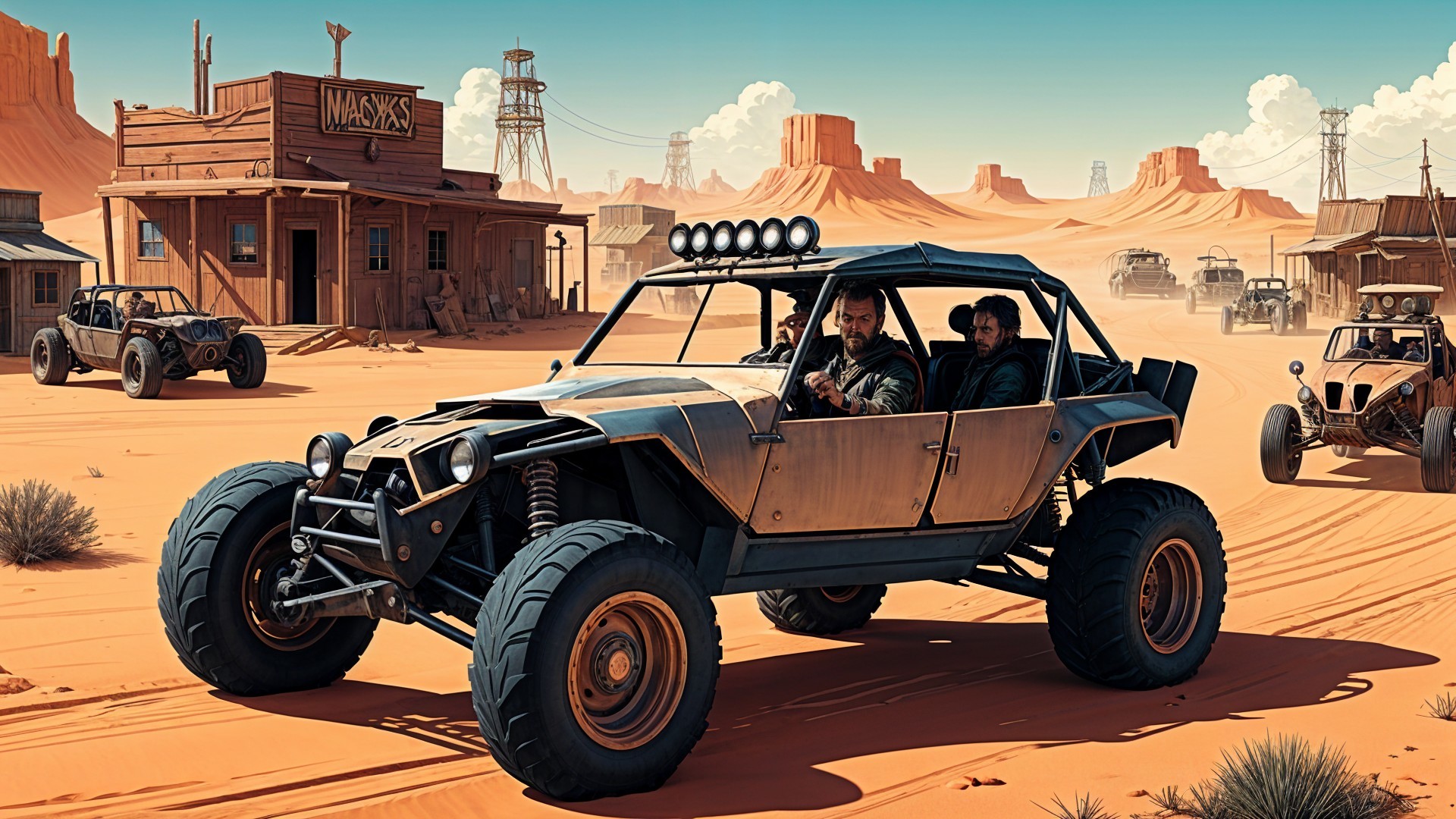 Desert Landscape with Off-Road Vehicles and Rocky Formations