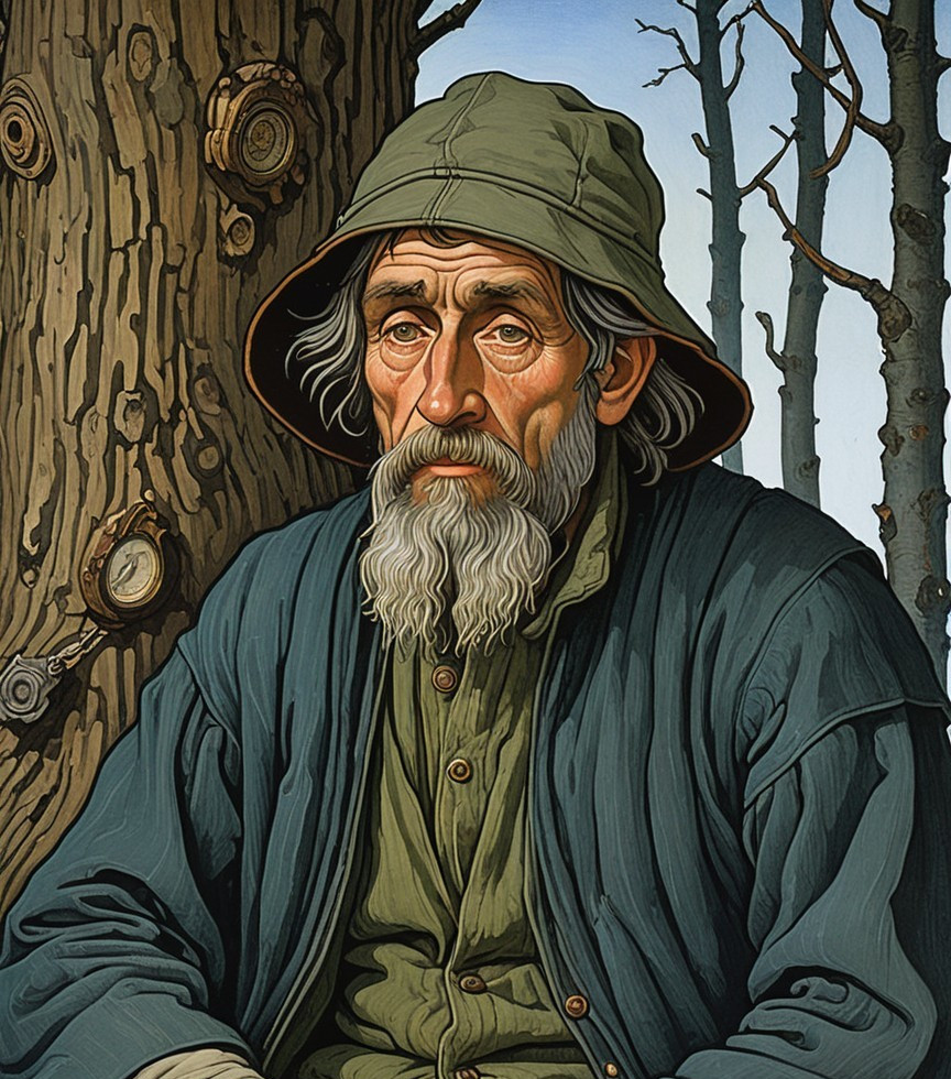 Elderly Man in Contemplative Pose by Leafless Trees