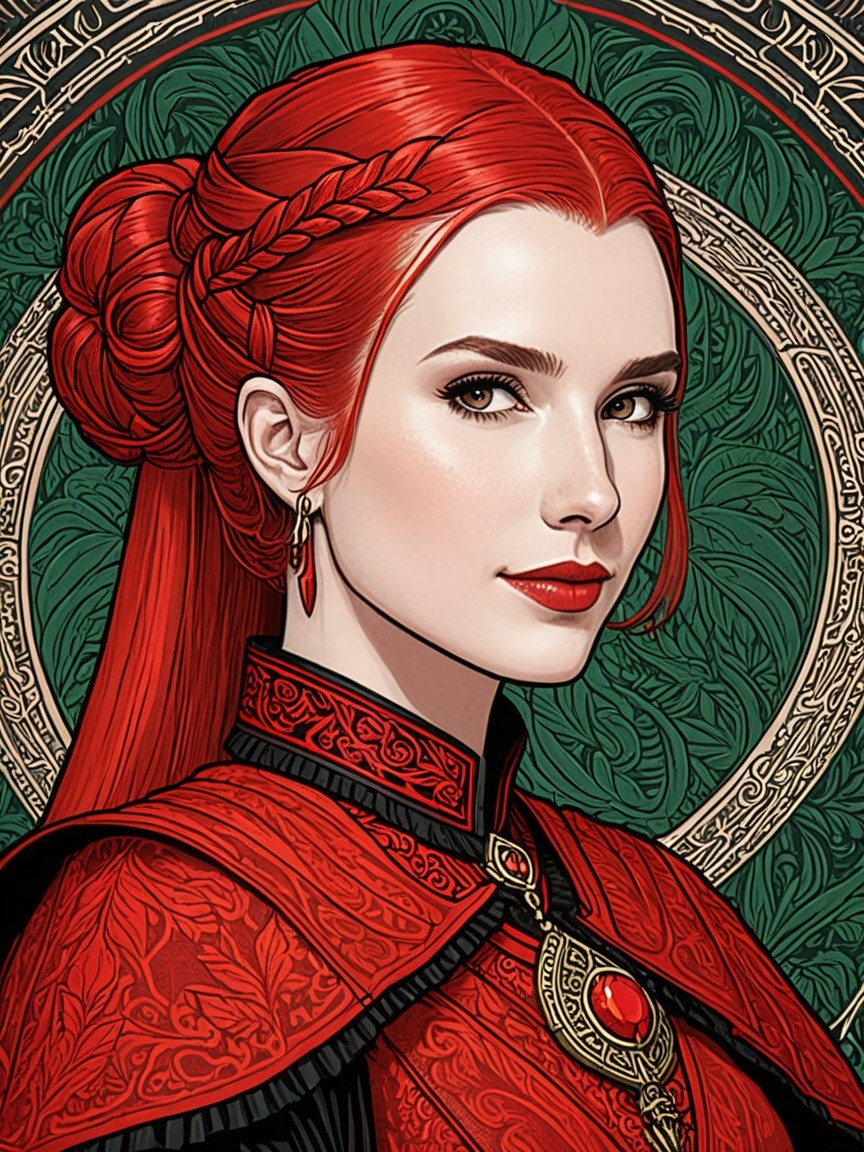 Elegant Woman with Red Hair in Ornate Garment