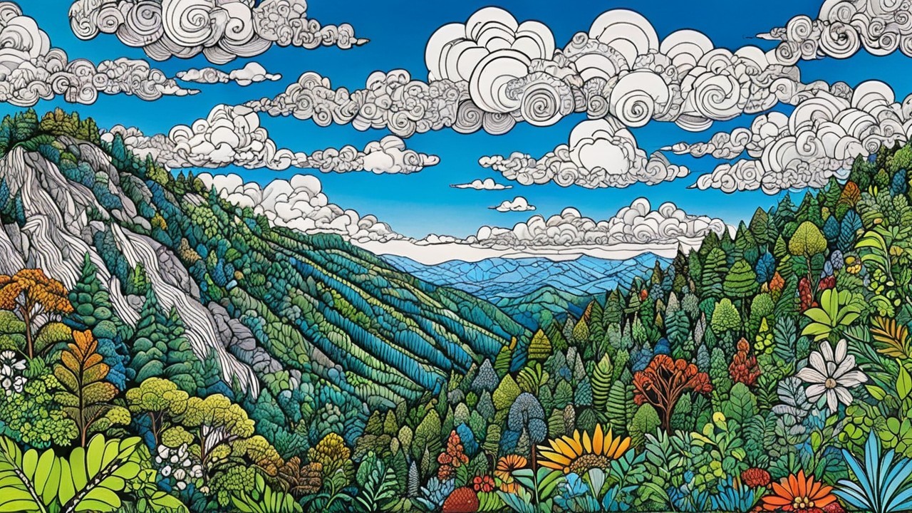 Vibrant Landscape with Green Hills and Colorful Trees