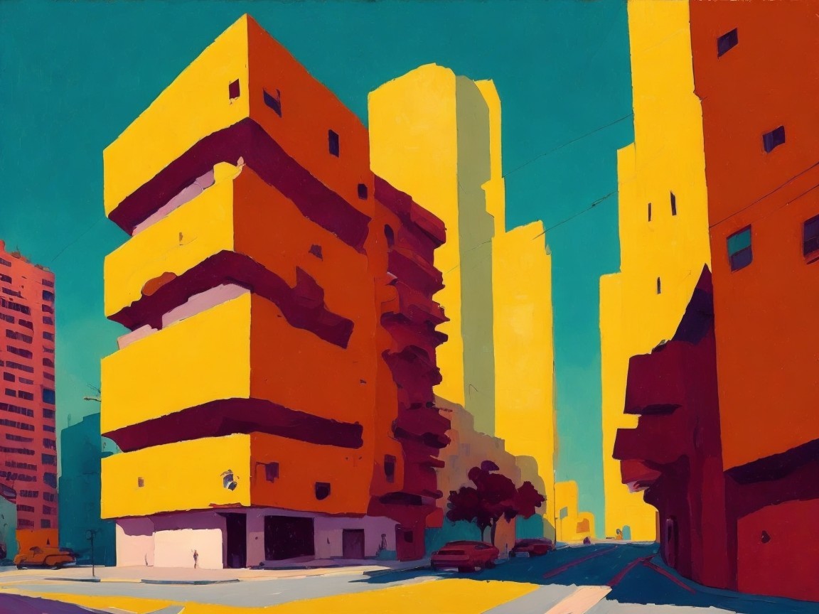 Colorful City Street Scene with Tall Buildings