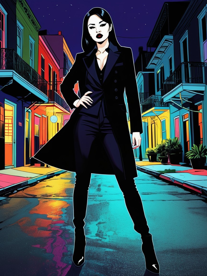 Cartoon Drawing of Young Woman on Wet Night Road