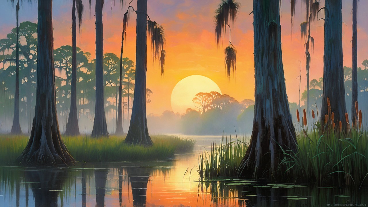 Serene Sunset Over a Tranquil Swamp Landscape