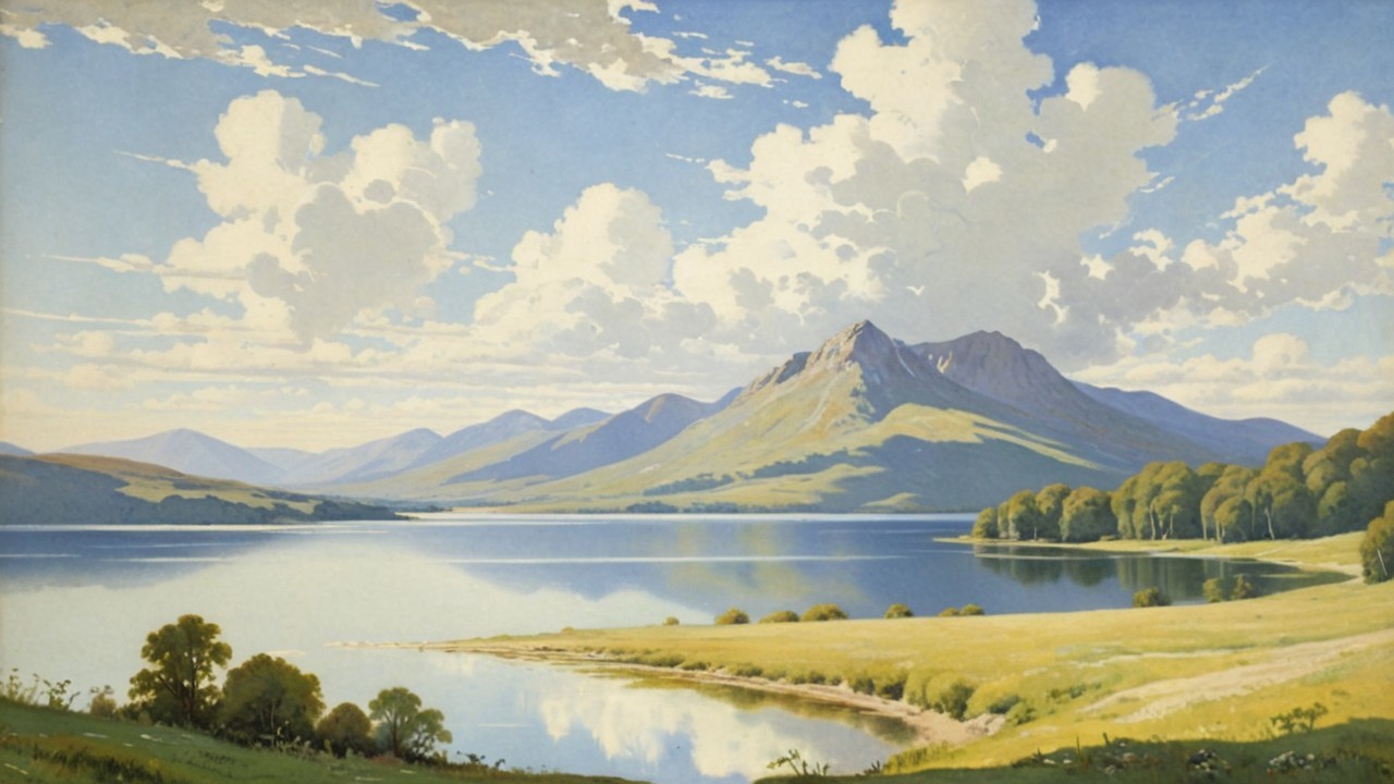 Tranquil Lake Landscape with Hills and Mountains