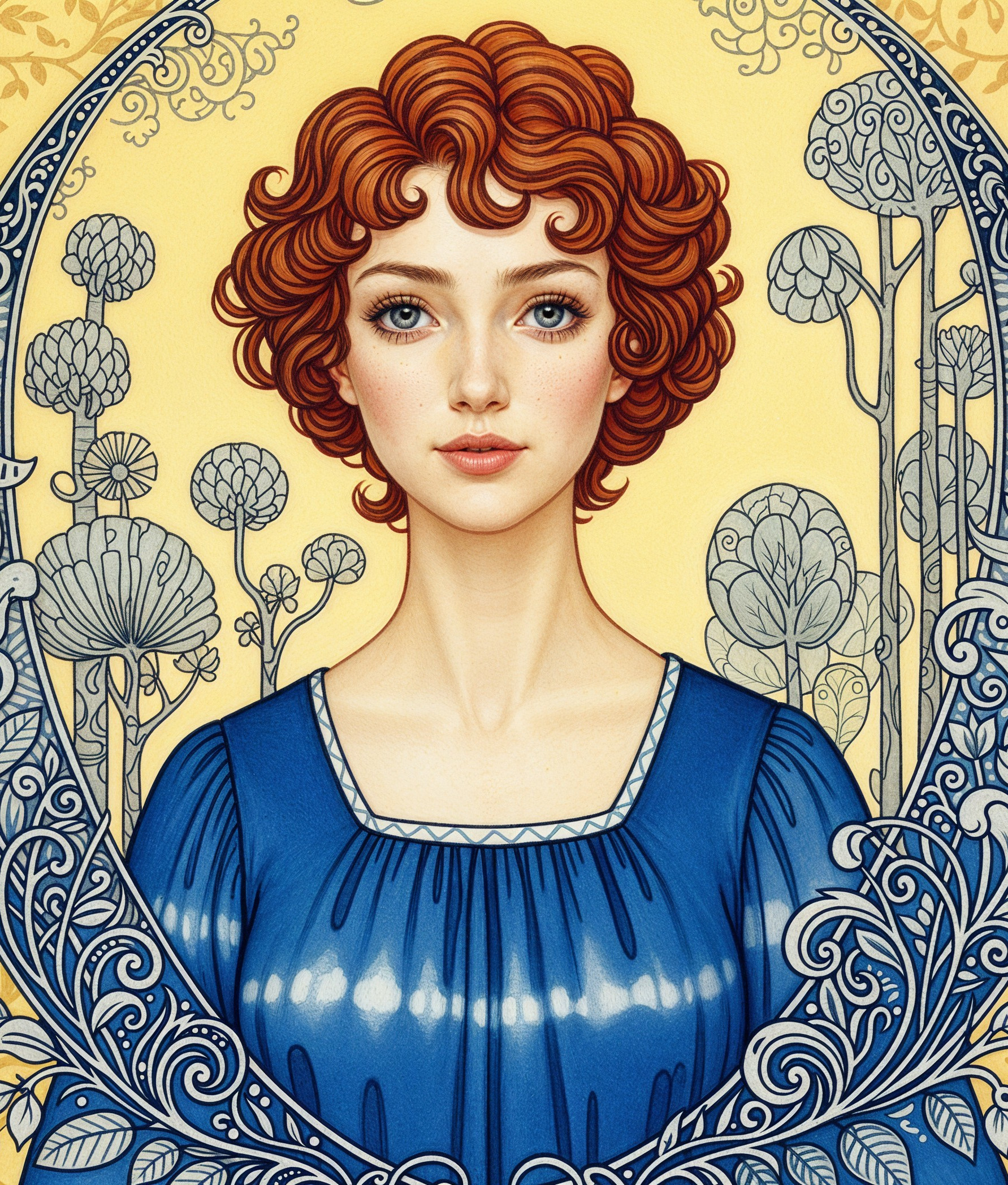 Young woman with red hair in a blue dress and flowers