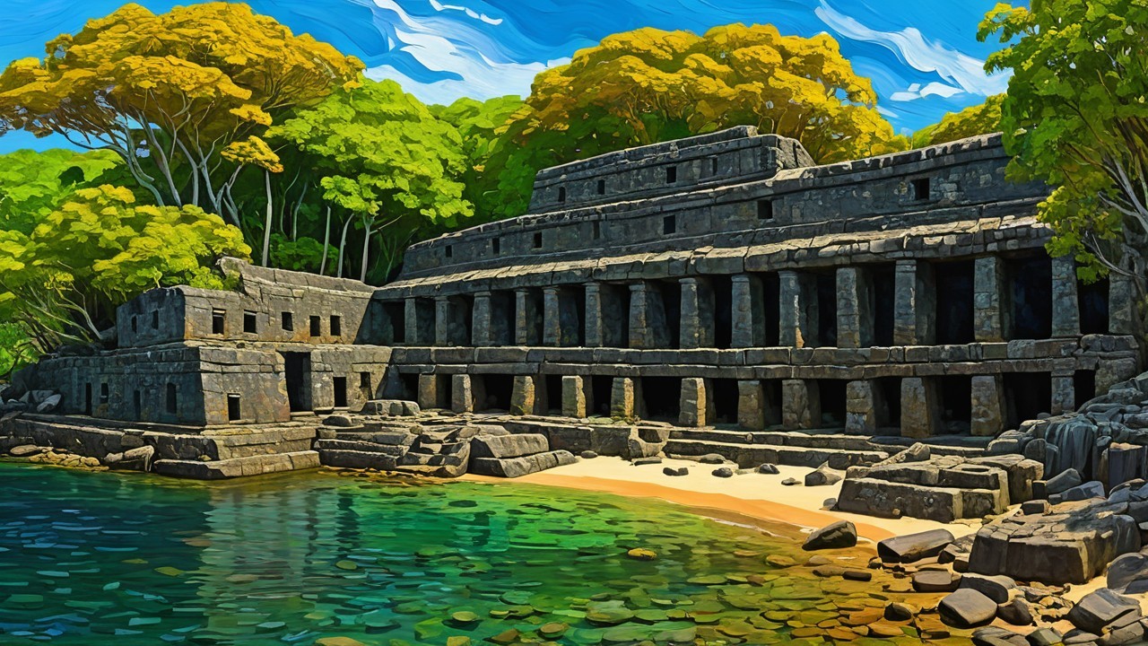 Ancient Stone Ruins by Turquoise Water and Trees