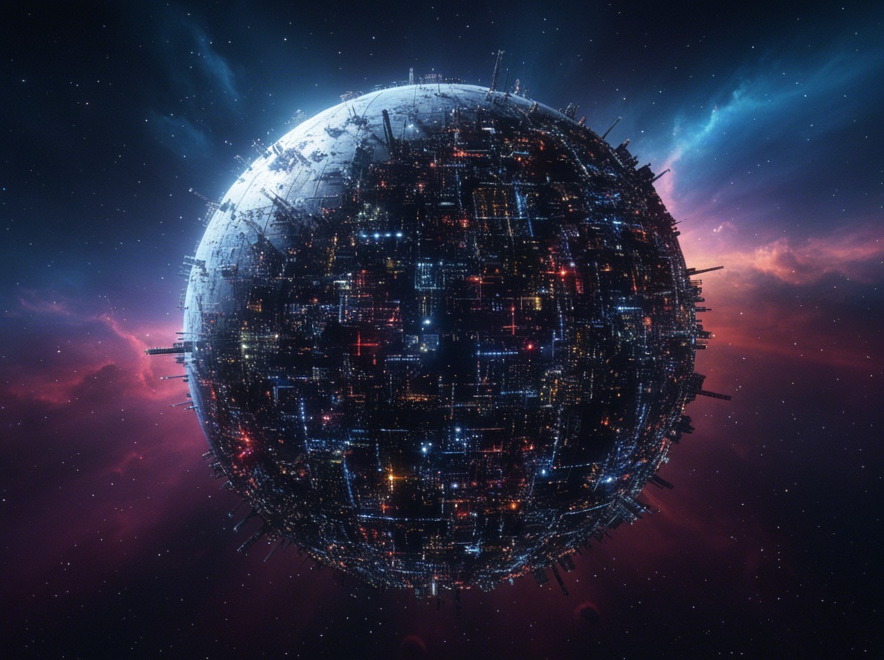Futuristic Urban Planet with Cosmic Clouds and Lights