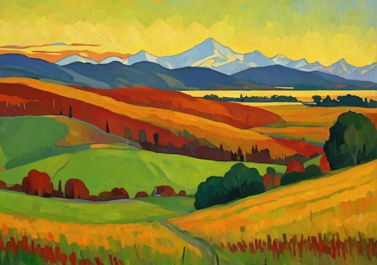 Vibrant landscape painting of hills and mountains