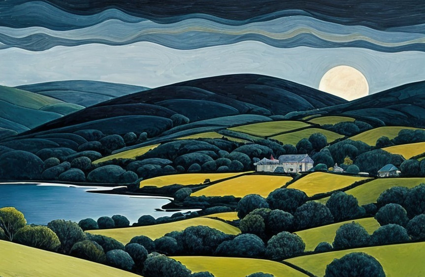 Serene Landscape with Full Moon and Tranquil Lake