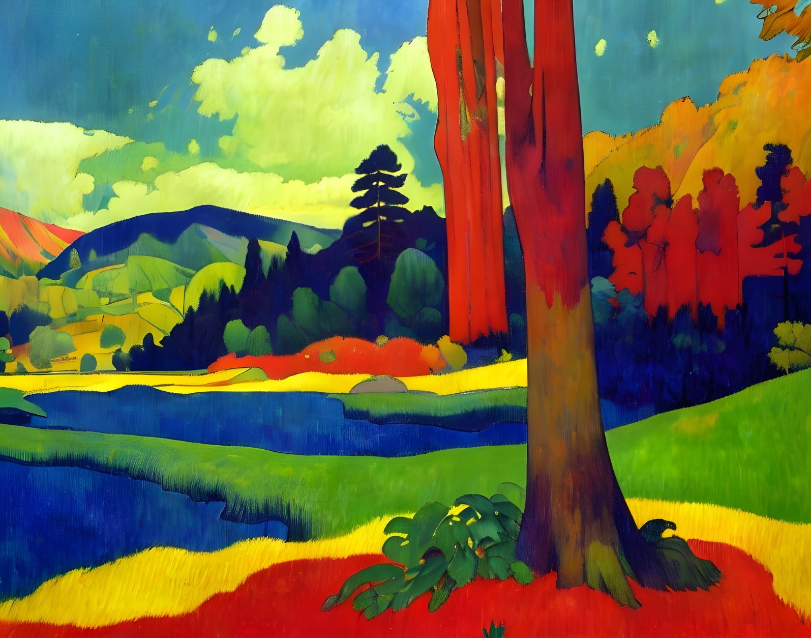 Colorful landscape painting with red tree and hills