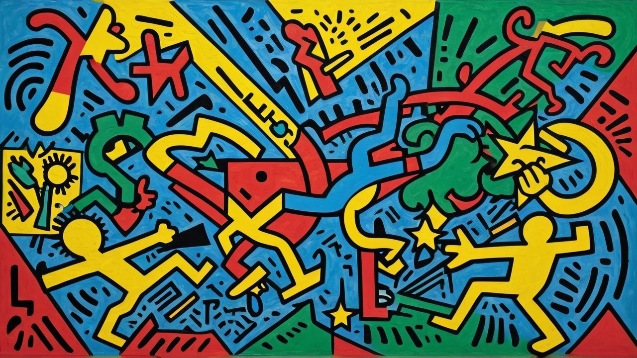 Vibrant Multi-Colored Painting of Dynamic Stick Figures