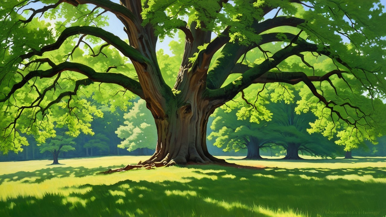 Sprawling tree with vibrant leaves in serene landscape