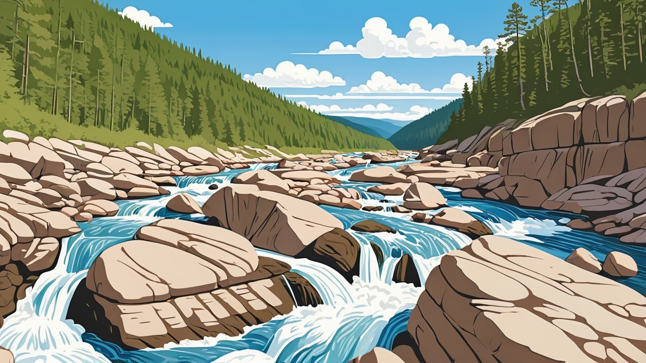 Vibrant River Flowing Through Rocky Landscape with Trees