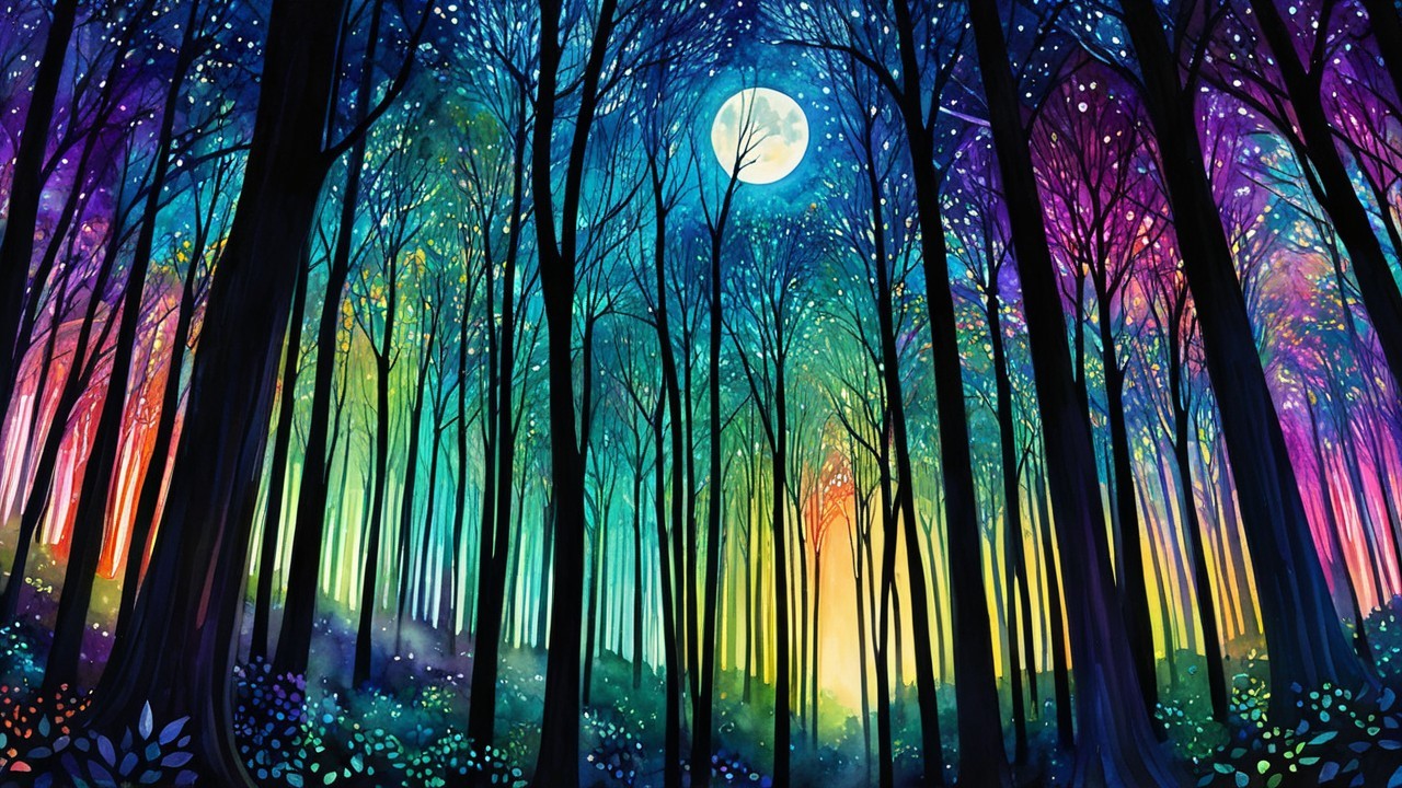 Vibrant Moonlit Forest with Colorful Foliage and Stars