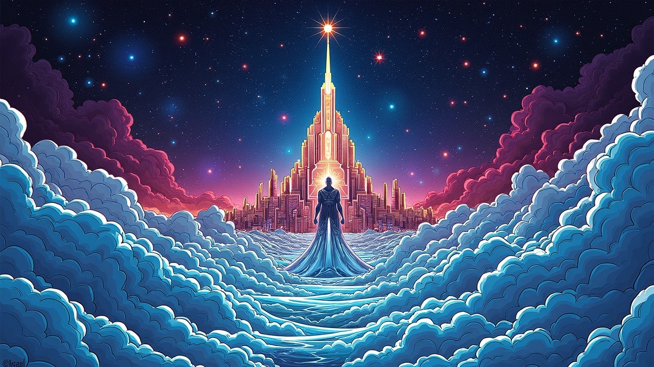 Mystical Landscape with Radiant Crystal City and Stars
