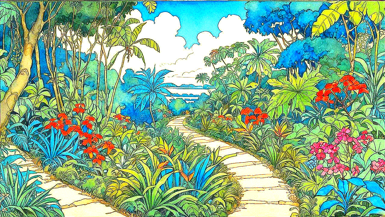 Vibrant Jungle Path Through Tropical Landscape
