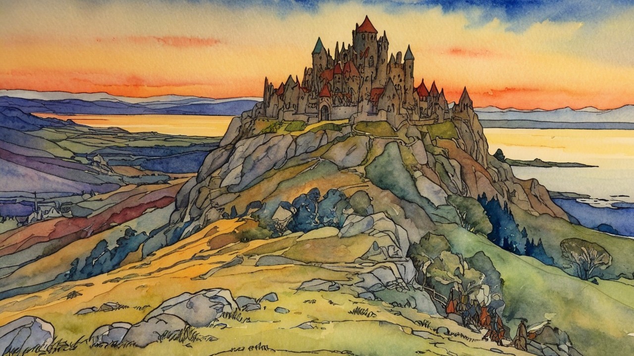 Vibrant Watercolor of Castle at Sunset with Figures