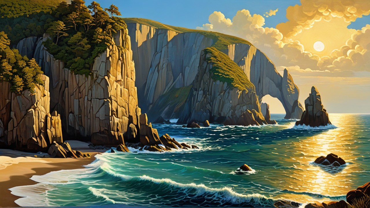 Coastal Landscape with Cliffs and Sunset Glow