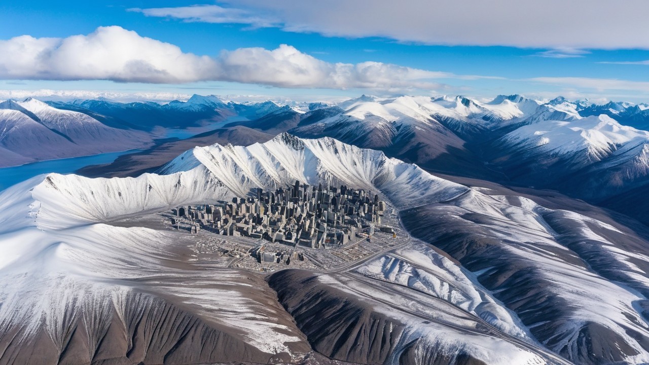 Aerial View of Futuristic City in Mountain Landscape