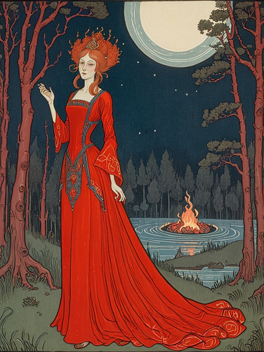 Mystical figure in red gown amid dark forest scene