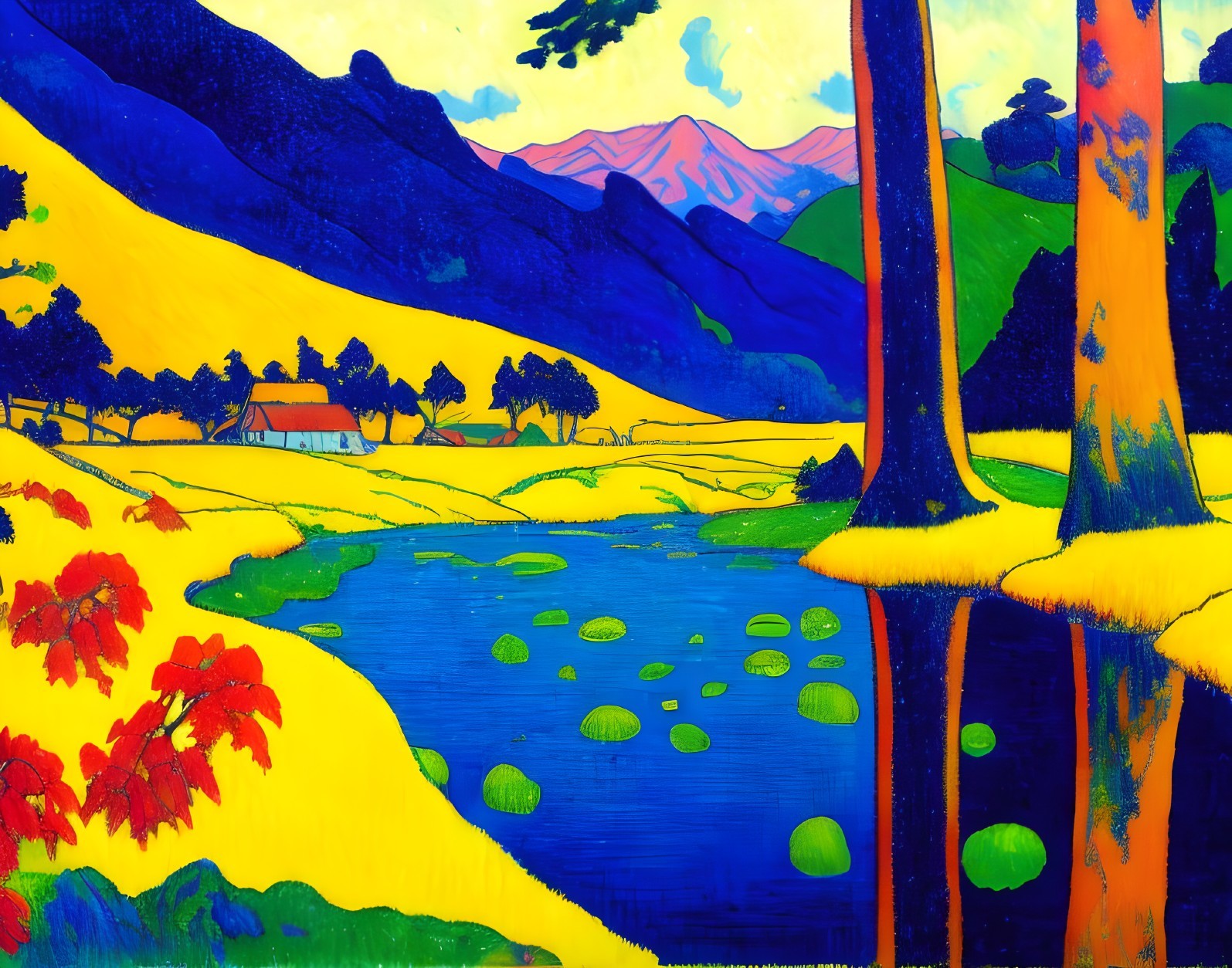 Vibrant Landscape with Abstract River and Colorful Fields