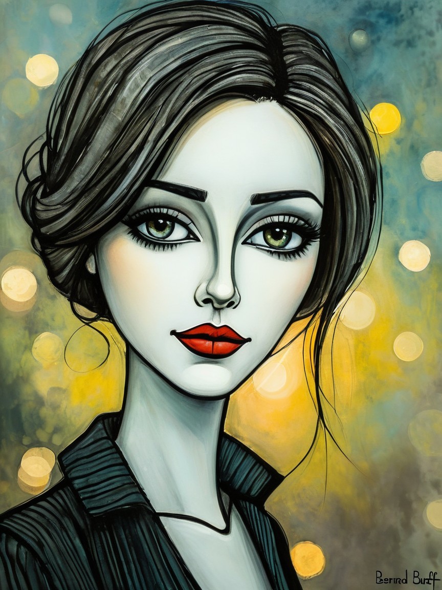 Stylized portrait of a woman with green eyes and red lips