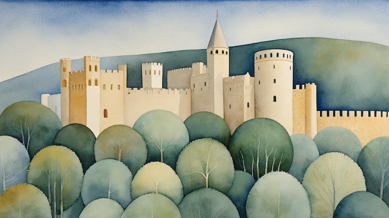 Watercolor Castle Surrounded by Rolling Hills and Trees
