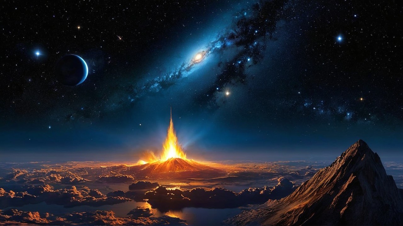 Vibrant Cosmic Landscape with Erupting Mountain and Stars