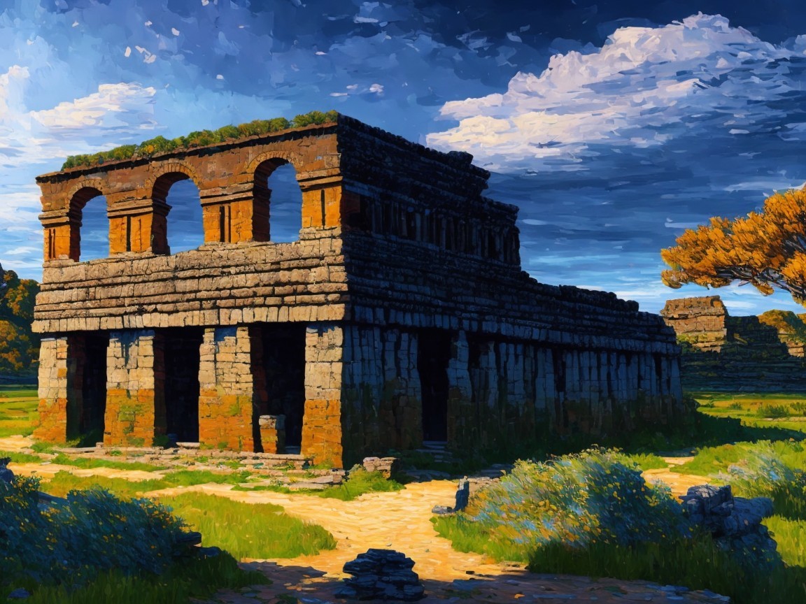 Ancient Stone Ruins Surrounded by Lush Landscape
