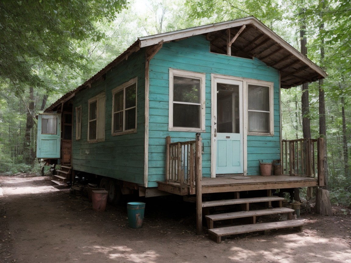 Rustic Cabin in Lush Forest with Vibrant Turquoise Paint