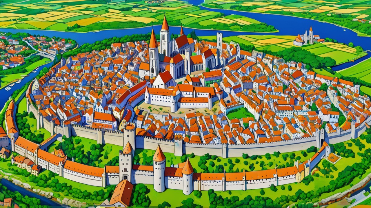 Illustrated Medieval City with Fortified Walls and Towers