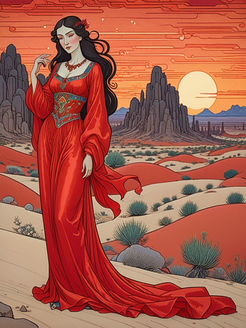 Elegant woman in red dress against desert sunset scene