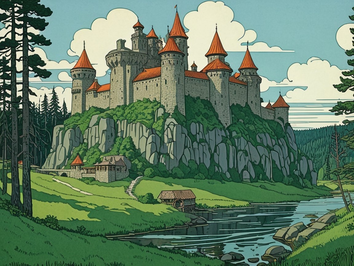 Medieval Castle on Rocky Hill with Lush Surroundings
