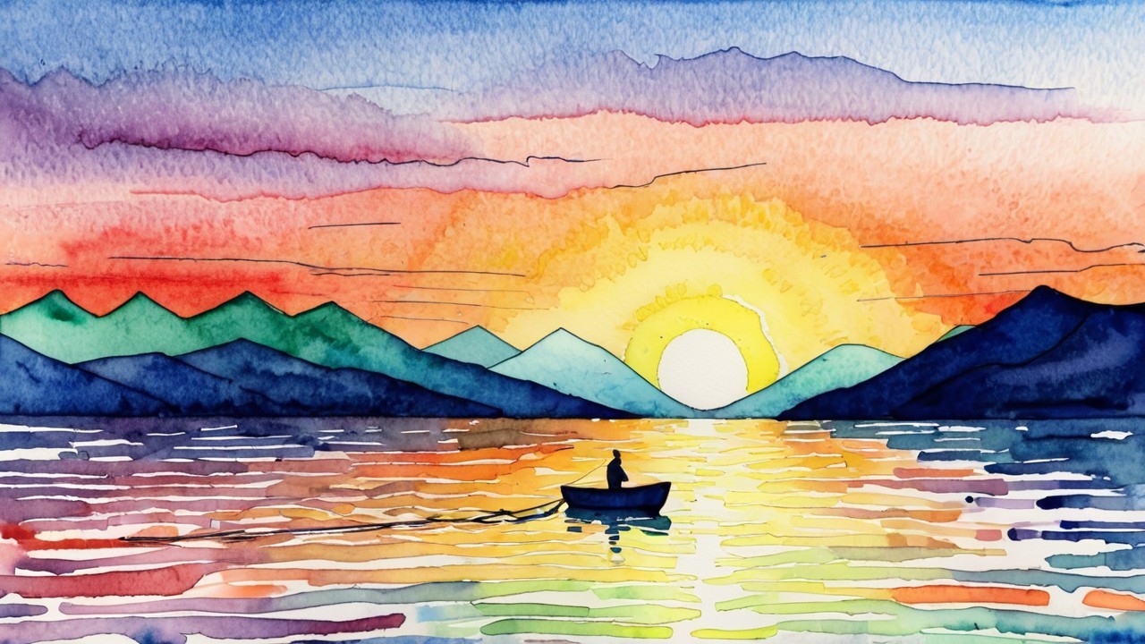 Vibrant Watercolor Lake Scene at Sunset with Fishing Boat