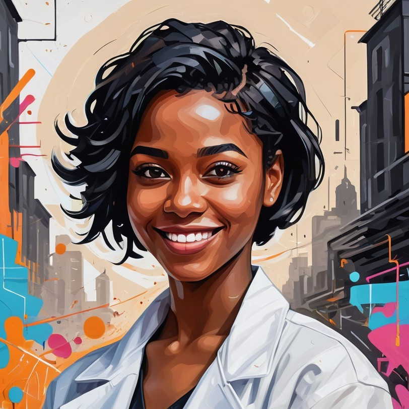 Young woman in lab coat smiles in urban setting