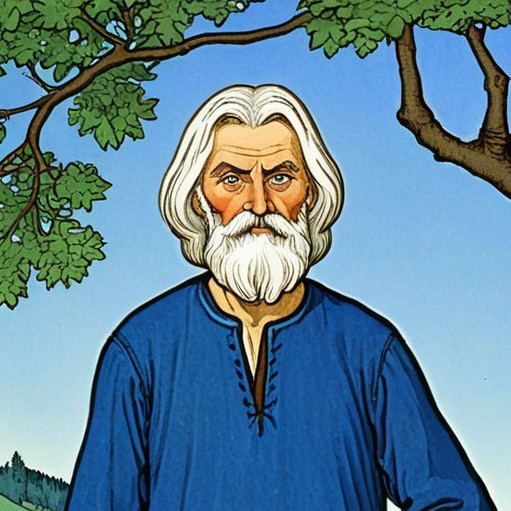 Elderly man in blue tunic against vibrant landscape