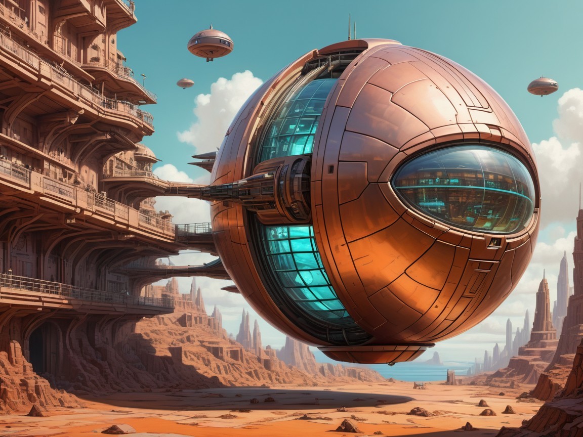 Futuristic Spherical Spaceship Over Desert Landscape
