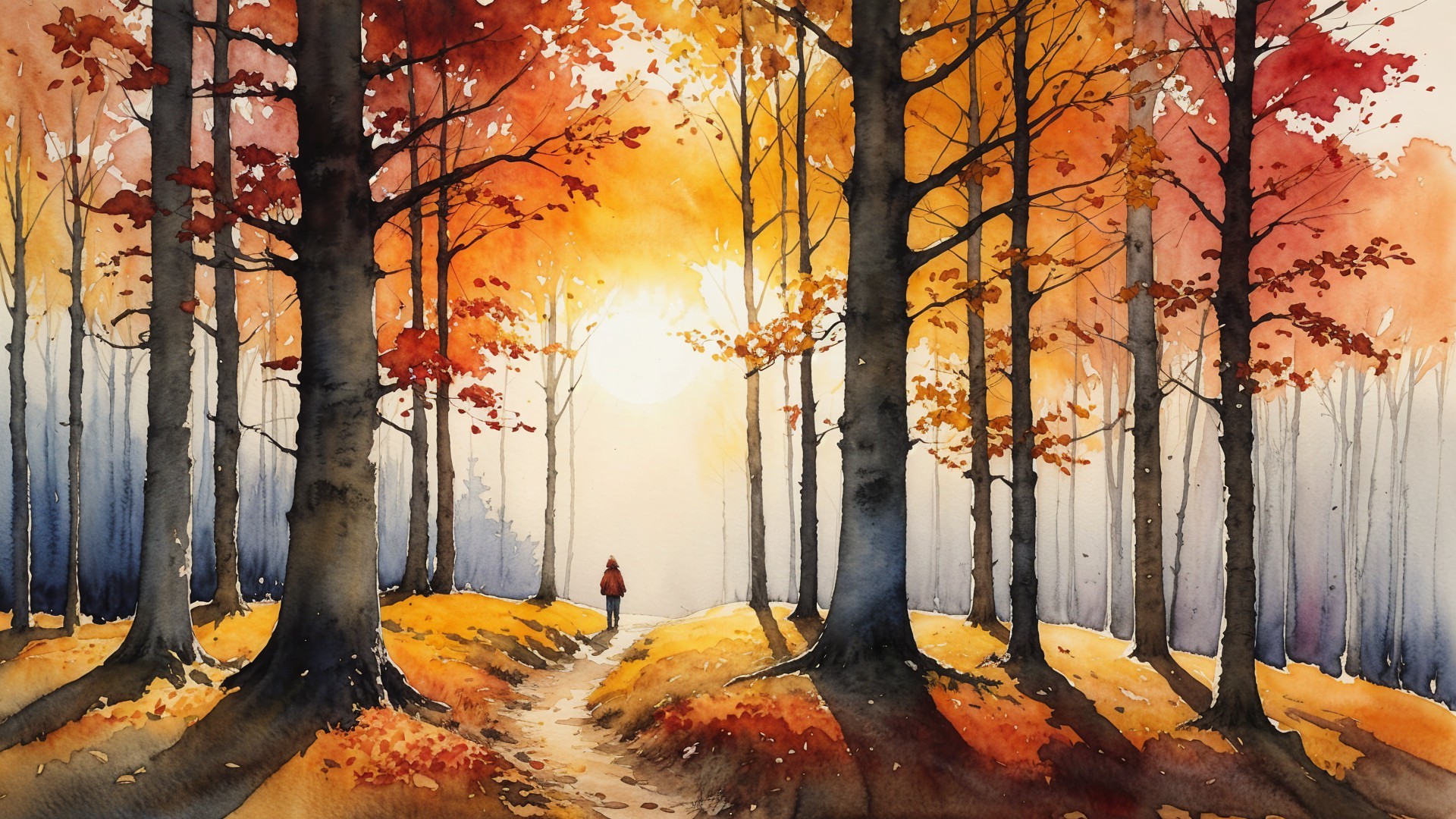 Serene Autumn Forest with Vibrant Leaves and Sunlight