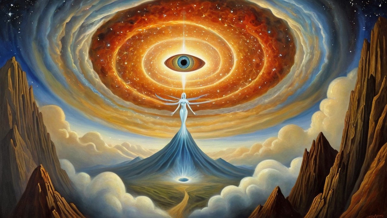 Mystical Landscape with Cosmic Vortex and Ethereal Figure
