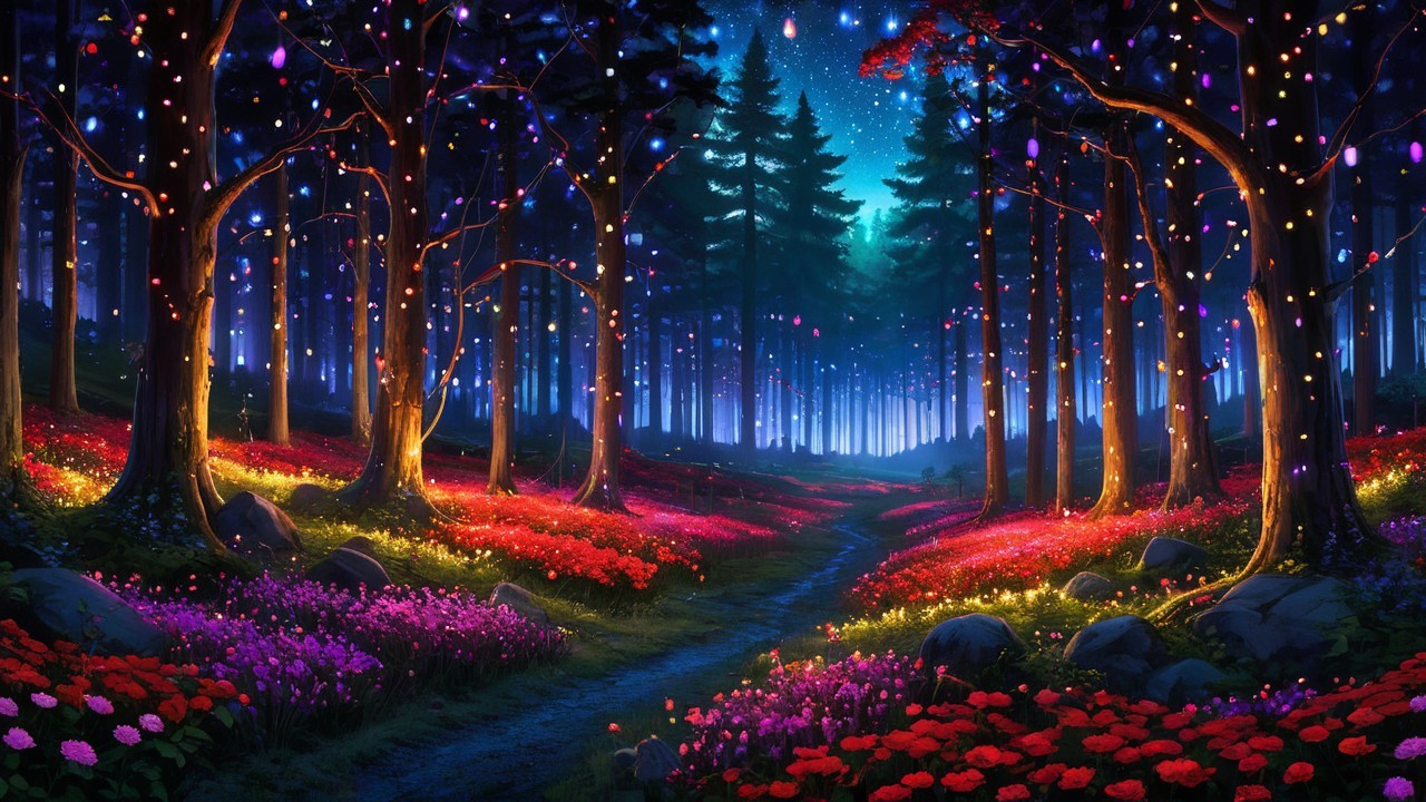 Magical Twilight Forest with Colorful Lights and Flowers
