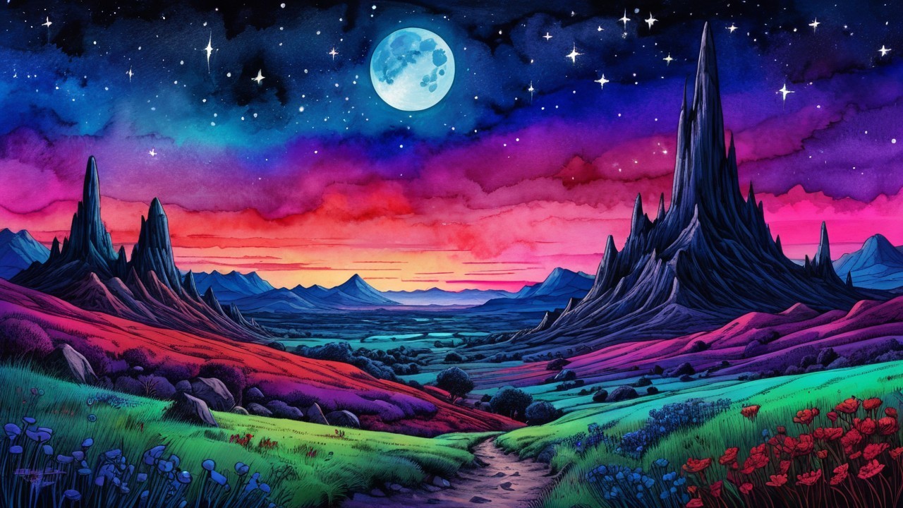 Surreal Landscape with Mountains and Vibrant Night Sky