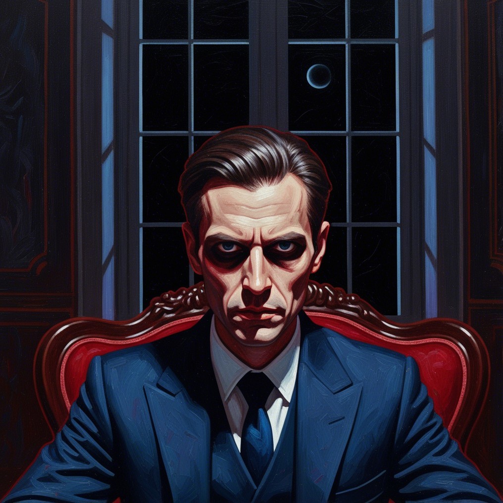 Confident Man in Blue Suit in Ornate Leather Chair