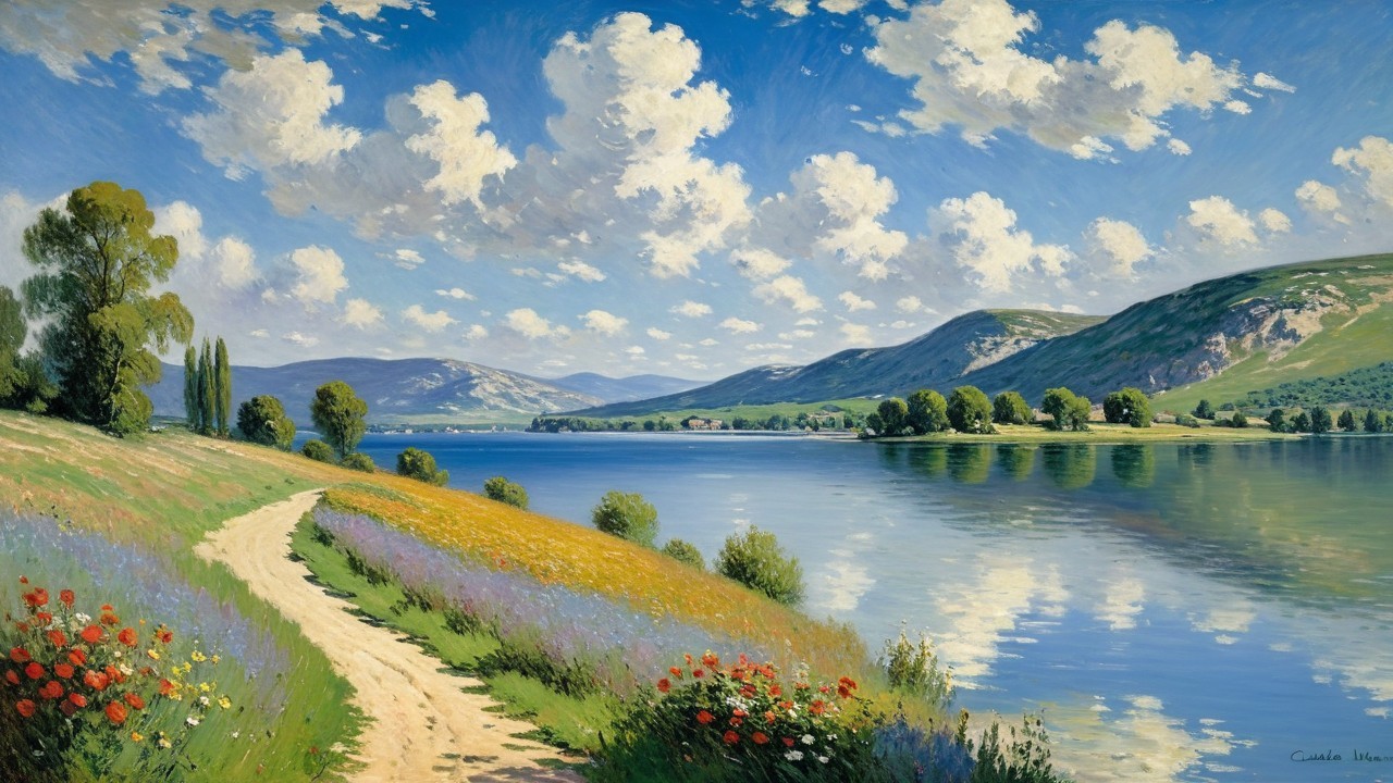 Serene Landscape with Winding Path and Tranquil Lake