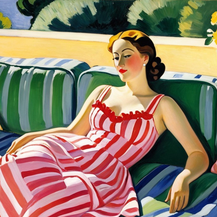 Woman in Striped Dress on Sofa in Serene Setting