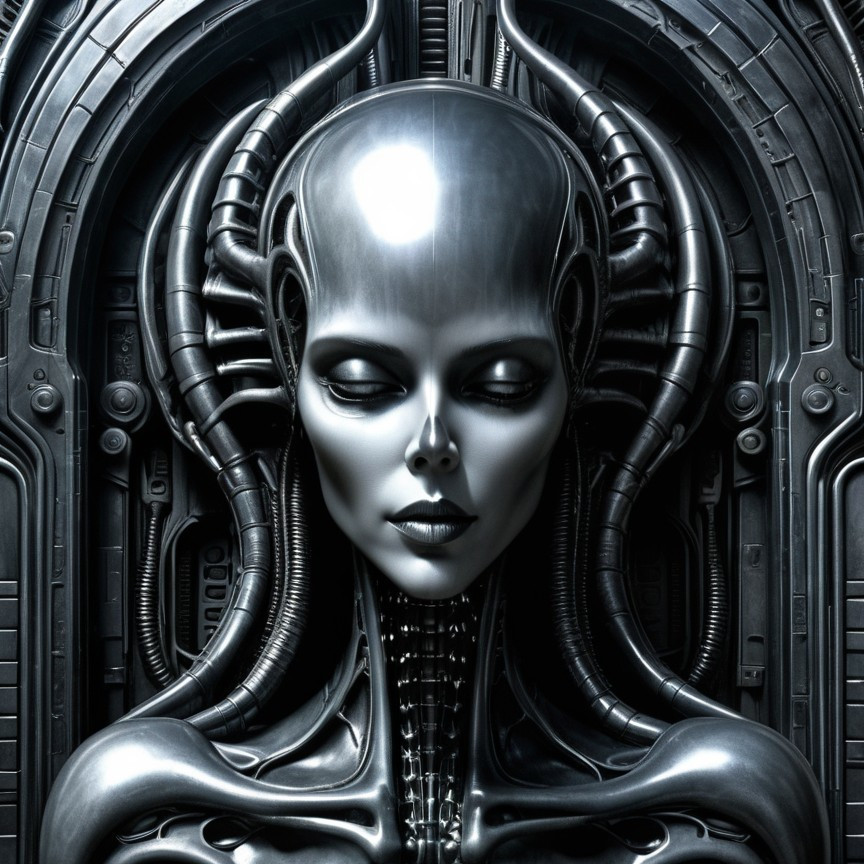 Futuristic humanoid figure with metallic skin and cybernetics