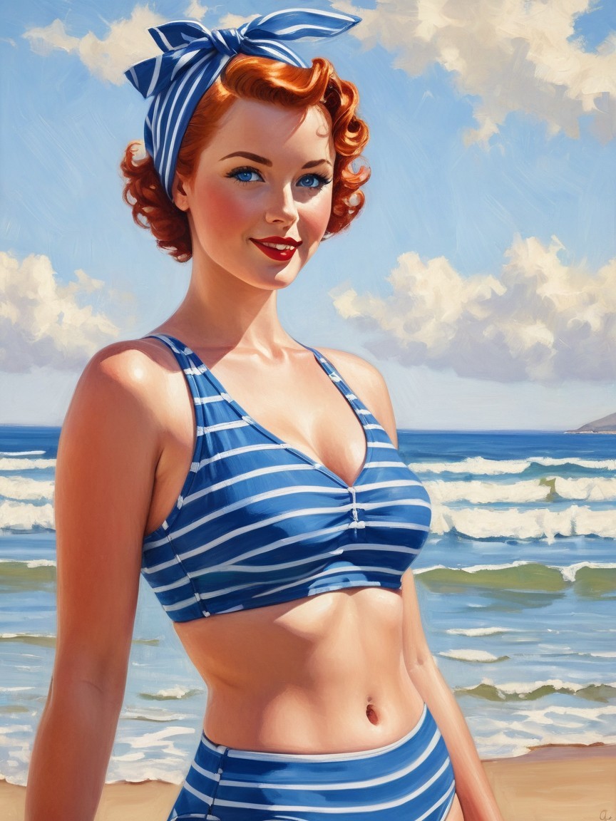Vintage Illustration of Woman in Striped Bikini at Beach