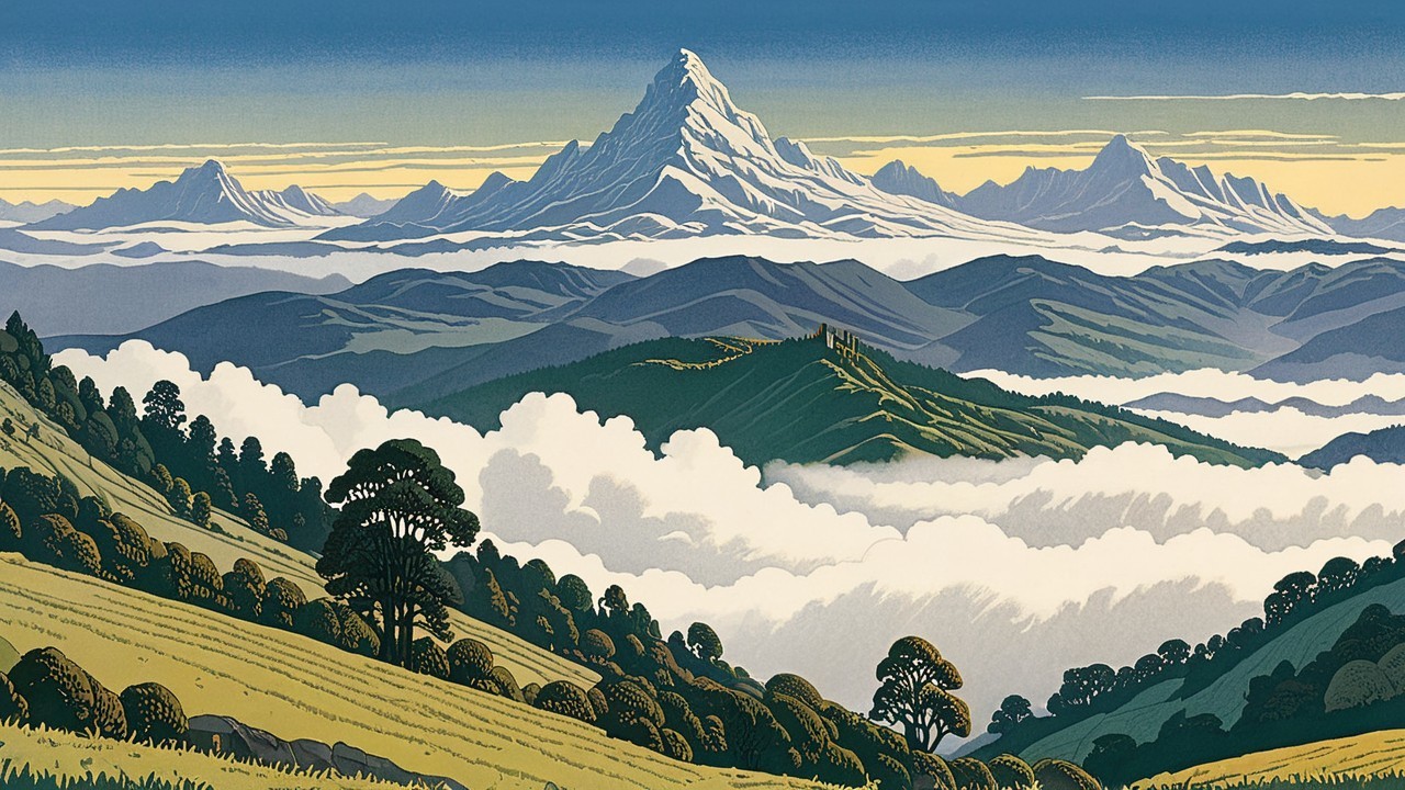 Serene Mountainous Landscape with Snow-Capped Peak