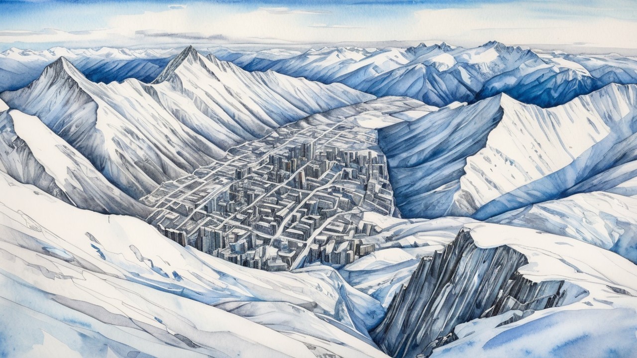 Watercolor Mountain Landscape with Urban City Below