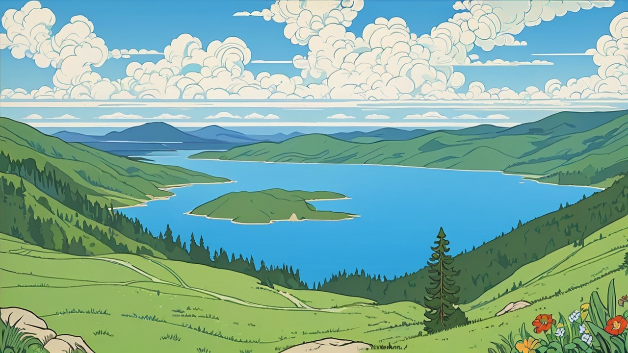 Serene Landscape with Green Hills and Tranquil Lake